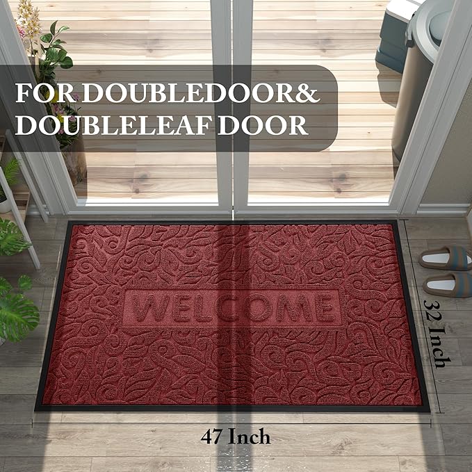Yimobra Door Mat Indoor Outdoor Entrance, Non Slip Welcome Front Doormats, Heavy Duty Rubber Backing, Stain and Fade Resistant, Low Profile, Easy Clean Patio Garage Floor Mats, 47 x 32, Wine Red