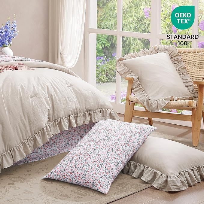 King Comforter Set - 7 Pieces Ruffle Beige Bedding Sets, Shabby Chic Farmhouse Bed in a Bag King with Ruffle Comforter, Floral Sheets, Pillowcases & Shams