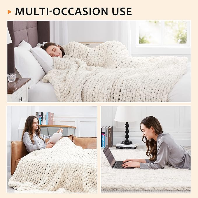 L'AGRATY Chunky Knit Blanket Throw: 80''x90'' Chenille Chunky Knitted Throw Blanket for Bed Couch - Handmade Thick Big Cable Knit Blanket - Large Chunky Crochet Rope Blanket for Home Decor(Ivory)