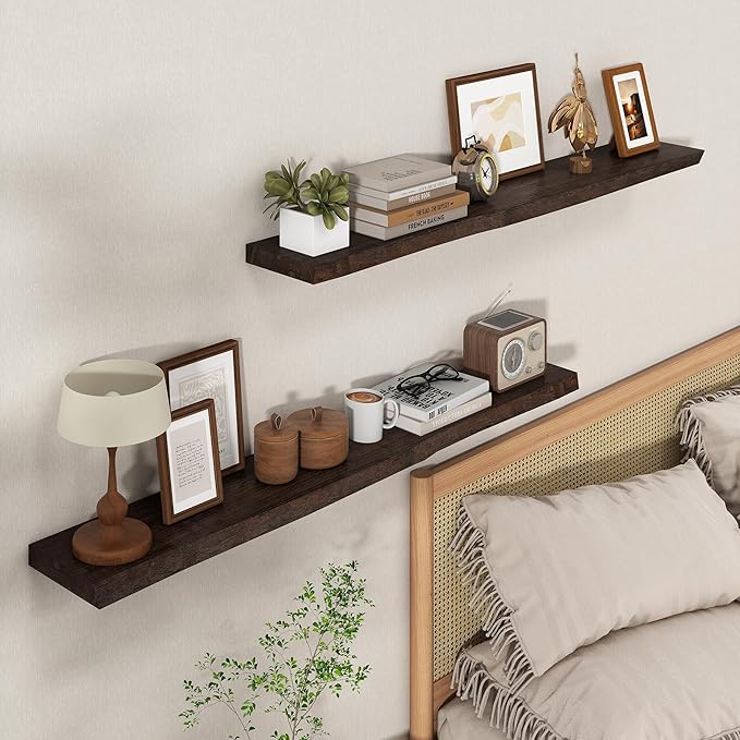 Axeman 48 inch Floating Shelves for Wall - 8'' D Live Edge Rustic Solid Elm Wood Floating Shelves Wall Mounted, Hanging Shelves with Invisible Bracket for Living Room Bedroom Kitchen, Walnut