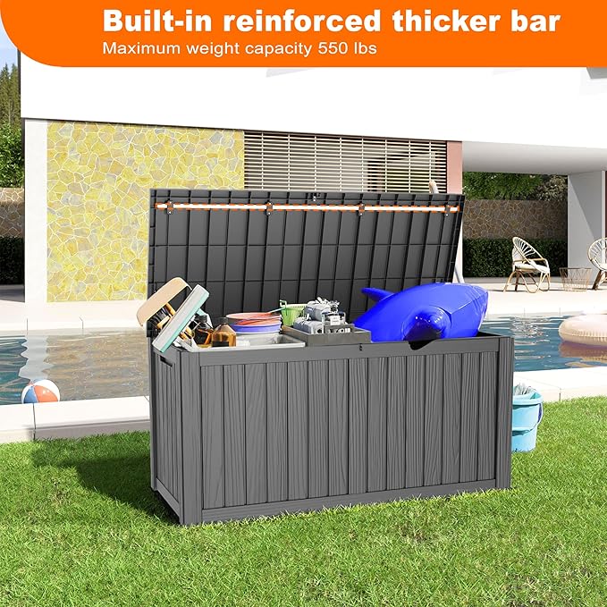 150 Gallon Deck Box,Resin Outdoor Storage Box with Lockable for Patio Furniture, Pool Accessories, Garden Tools Waterproof Outside Storage Box, Black