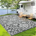 Outdoor Rug 9x12 Waterproof Reversible Plastic Straw Patio Rug, Stain-Resistant Vintage Medallion Carpet, Large Easy-Cleaning Indoor Outdoor RV Mat for Deck, Camping, Balcony, Grey White