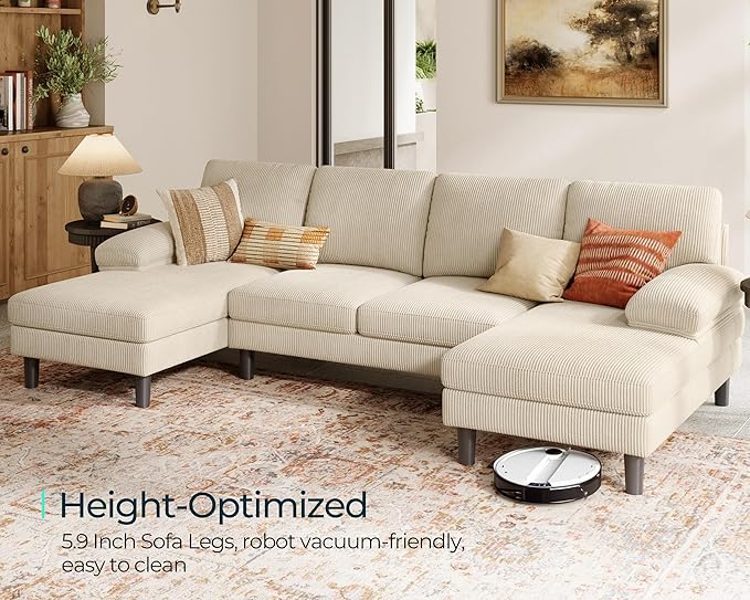 LINSY HOME Sectional Couch, 111'' W Corduroy U Shaped Sofa with Sleepable Armrests, 4 Seat Couch with Double Chaises, Deep Seat Sofa for Living Room, Beige