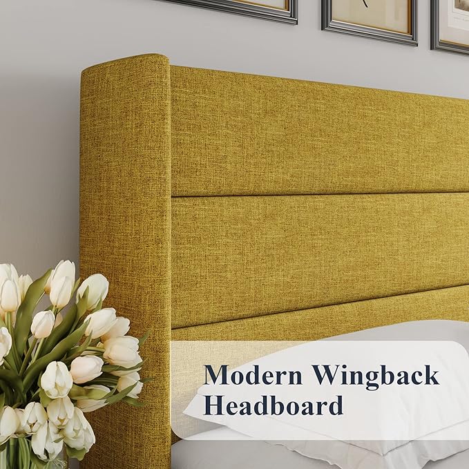 Allewie King Size Lift Up Storage Bed, Modern Wingback Headboard, Hydraulic Support, No Box Spring Needed, Olive Yellow