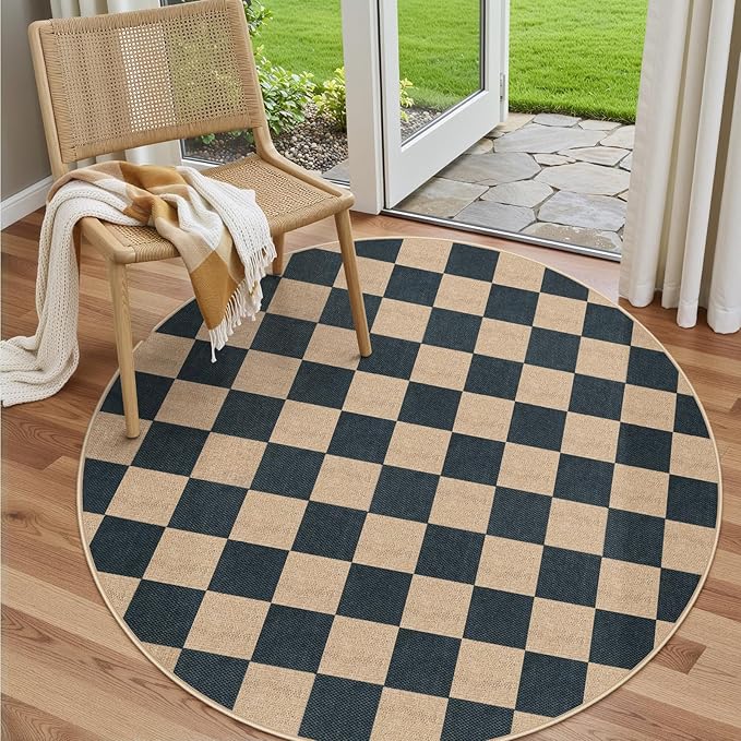 Lahome Checkered Round Rugs 6ft, Outdoor Patio Easy Jute Rug Indoor Outdoor Circle Carpet, Farmhouse Nature Non Shedding Non Slip Washable Black Carpet for Living Room Entry Deck