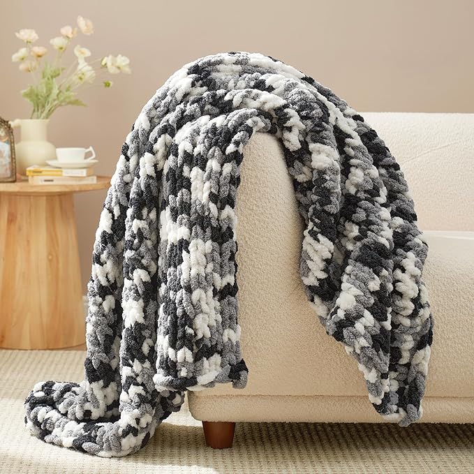 Amélie Home Chunky Knit Throw Blanket for Couch, Soft Chenille Crochet Blanket for Sofa, 50"x60", Space-Dyed Black
