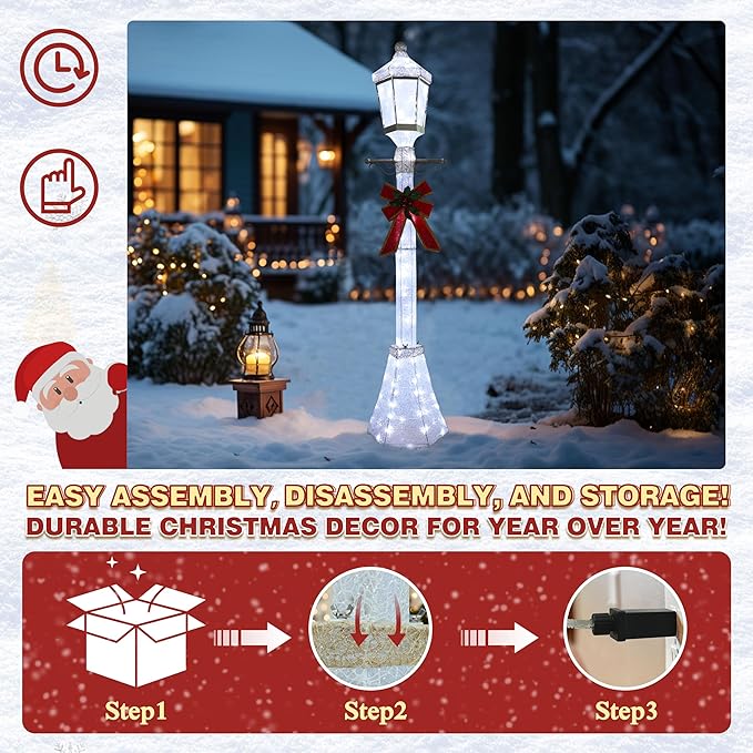 6FT Lighted Freestanding Lamp Post for Christmas Decoration, Pre-Lit Iridescent Post Lamp with 120 LED Lights & Removable Bow, Outdoor 3D Glittered Standing Festival Display, White