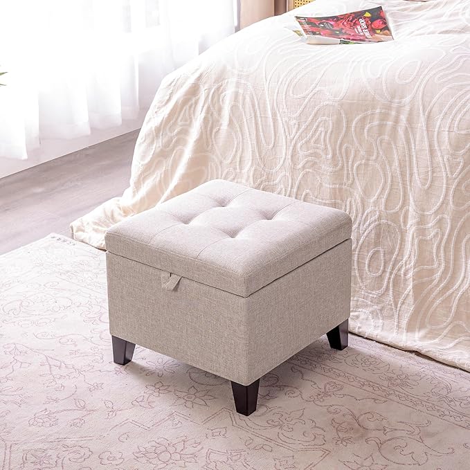 Adeco 18 Inch High Cube Ottoman Storage, Linen Chair Foot Stools, Upholstered Vanity Stool with Hinged Lid, Solid Wood Legs (Beige Grey)