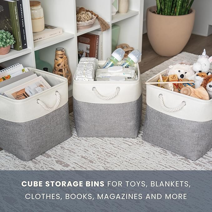 OrganiHaus 13x13 Cube Storage Bins 4 Pack, Foldable Cube Storage Organizer w/ Rope Handles, Collapsible Fabric Bins for Toys, Clothes & Closet Organization, Fabric Square Baskets - Gray/White
