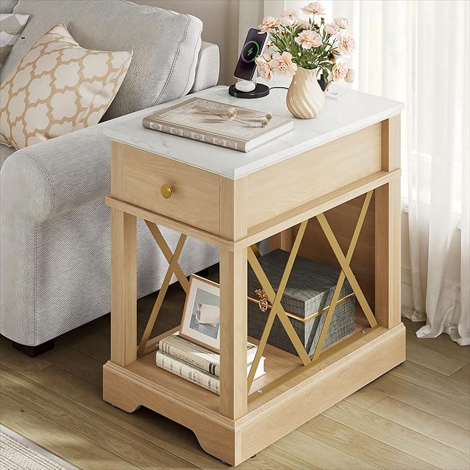 YITAHOME Farmhouse End Table Set of 2, Side Table with Power Outlets, Nightstand with Drawer and Open Storage, Rustic End Table for Living Room, Sleeping Room, Natural Walnut