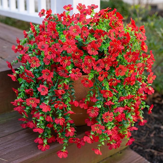 INSPRING Artificial Faux Outdoor Outside Flowers Plants, 2 PCS Fake Silk UV Resistant Look Real Red Daisy Trailing Vines for Front Door Porch Planter Urn Patio Balcony Decoration