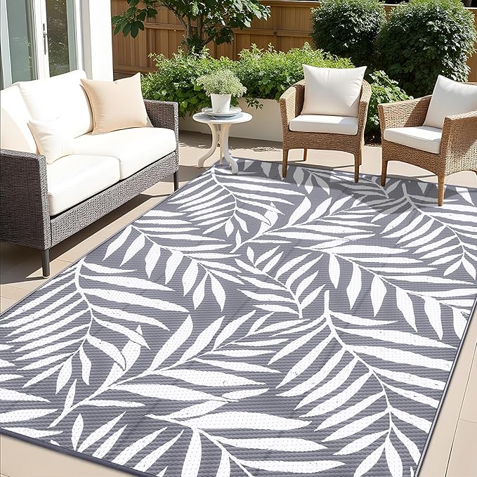 OLANLY Waterproof Outdoor Rug 9x12 ft, Reversible Outdoor Plastic Straw Rug with Leaf Pattern, RV Mat, Indoor Outdoor Carpet for Patio, Camping, Balcony, Deck, Backyard, Grey & White
