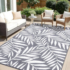 OLANLY Waterproof Outdoor Rug 9x12 ft, Reversible Outdoor Plastic Straw Rug with Leaf Pattern, RV Mat, Indoor Outdoor Carpet for Patio, Camping, Balcony, Deck, Backyard, Grey & White