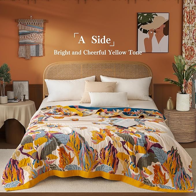 Boho Throw Blanket Queen Size, Oversized Soft Cozy Cotton Muslin Quilt Blanket for Bed Decor, Floral Patterned Couch Sofa Chair Cover, Vintage Farmhouse Cottage Woven Blanket, Yellow&Blue