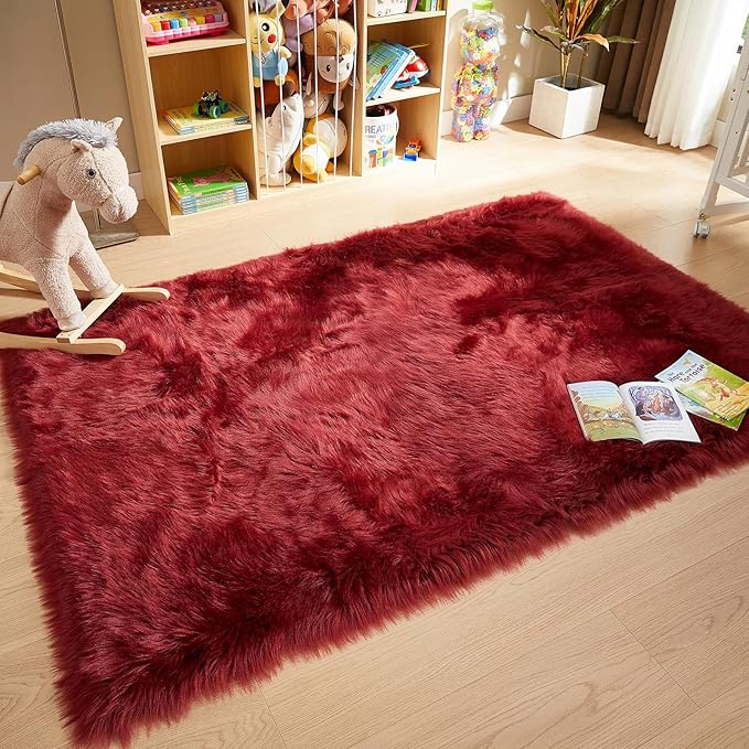 AMTOVO Faux Fur Sheepskin Rug for Living Room, 4 x 6 ft Burgundy Fluffy Area Rug for Bedroom, Playroom, Luxury Room Decor, Rectangle