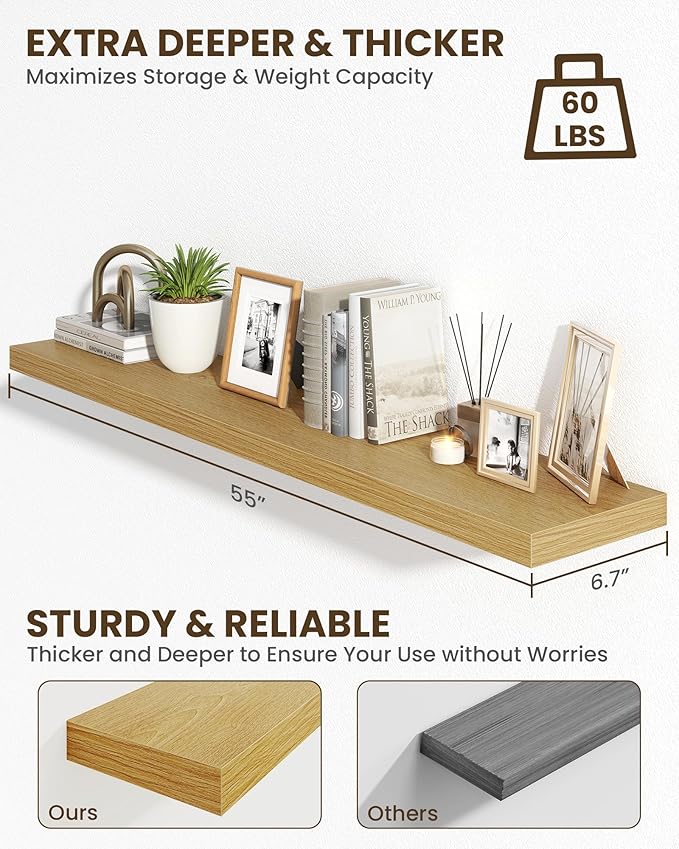 Marsmiles 55" Floating Shelves for Wall, Wooden Shelves with Invisible Brackets Set of 2, Rustic Farmhouse Wall Mounted Shelf for Kitchen Bathroom Living Room Study, Natural Oak