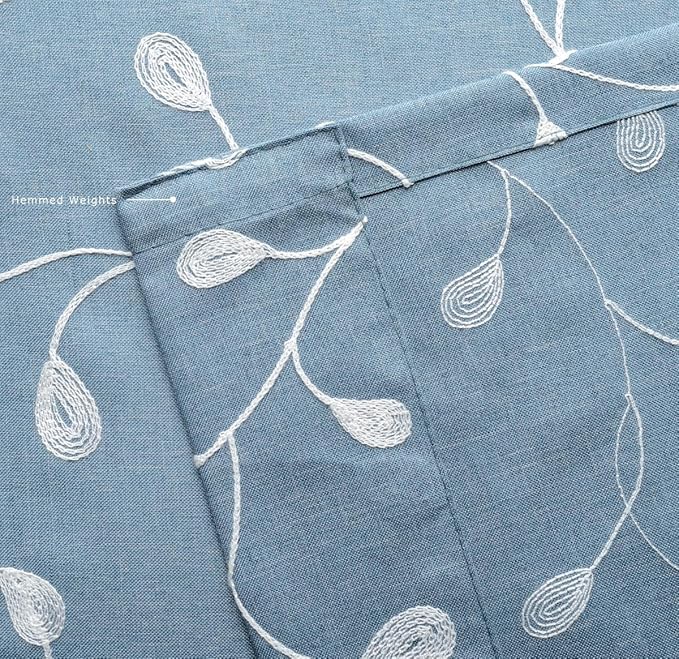 MIUCO Floral Embroidered Semi Sheer Curtains Faux Linen Grommet Curtain Set for Bedroom 52 x 95 Inch, Dusty Blue