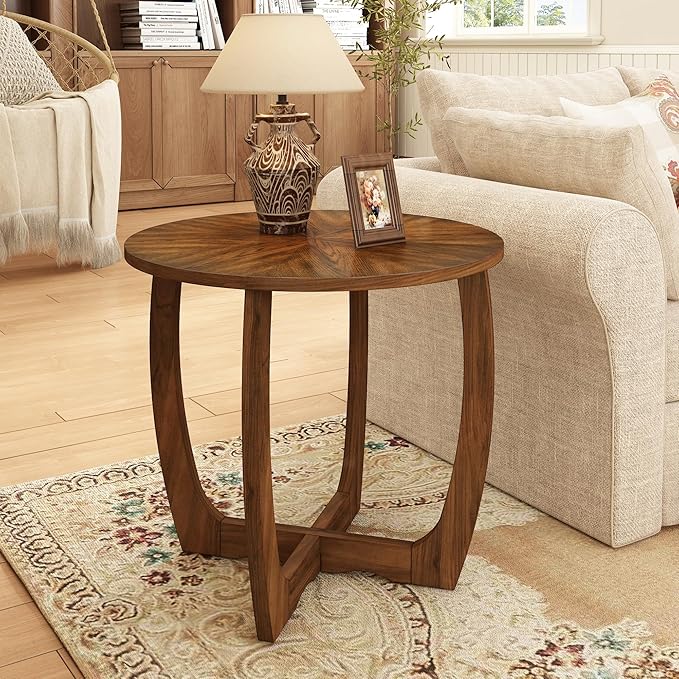 PADMA HOUSE Round Wood End Table with Curved Legs - Brown Walnut