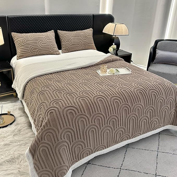 UKELER Sherpa Bed Blanket 80 × 90 inch, Ultra Soft Queen Size Throw Blanket for All Season, Cozy Plush Arch Fleece Blankets for Bedroom Living Room Dorm Hostel Sofa Camping, Coffee