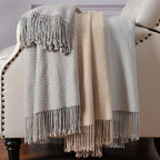 CUDDLE DREAMS Silk Throw Blanket with Hand-Knotted Fringe, Natural, Soft & Breathable (Herringbone Gray)