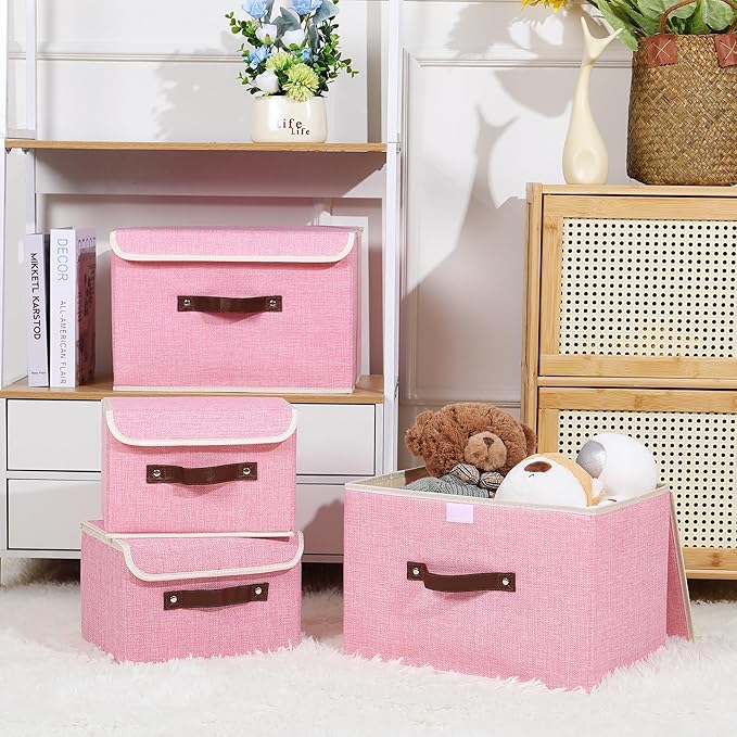 ANMINY Storage Bin with Lid Storage Boxes with PU Leather Handles PP Plastic Board Decorative Foldable Lidded Cotton Linen Fabric Home Cubes Baskets Closet Organizer Container - Pink, Small Size