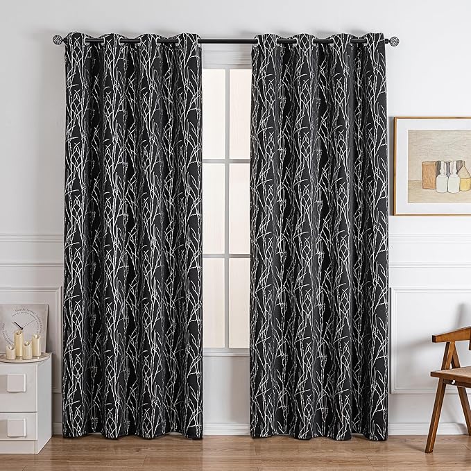 Grommets Blackout Long Window Curtains Black Silver-52W*84L 2PCS Drapes for Bedroom