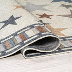 JONATHAN Y Machine-Washable Ivory/Blue/Orange Indoor Area Rug, 4x6, Star Gazer Geometric, Border, Kids & Novelty, Classic, Bedroom, Kitchen, Living Room, Easy-Cleaning, Non-Shedding (KDW100A-4)