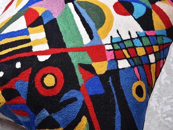 Kandinsky Impulse Modern Decorative Pillow Cover Black Abstract Toss Pillowcase Farmhouse Chair Cushion Contemporary Pillow Mid-Century Chair Cushions Hand Embroidered Pillow Wool Size 18x18