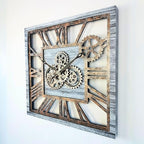 The Gears Clock 24'' Inch Square Real Moving Gear Wall Clock Vintage Industrial Oversized Rustic Farmhouse (Silver Grey)