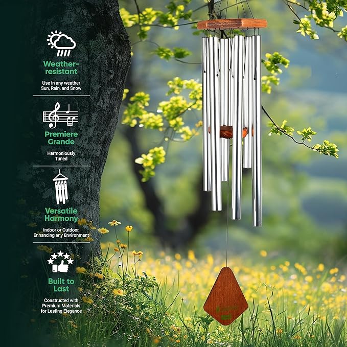 Nature’s Melody Premiere Grande Tunes Wind Chimes – Outdoor Windchime with 6 Tubes Tuned to E Pentatonic Scale, Rustproof Aluminum, Beech Wood & S Hook Hanger for Sympathy, Memorial Gift or Zen Garden