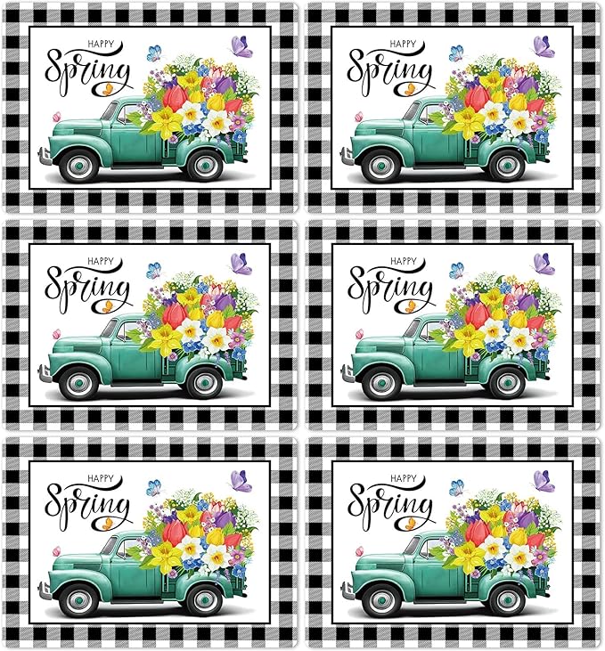 Happy Spring Placemats Set of 6 Easter Plastic Table Mats Spring Placemats Seasonal Place Mats Rustic Vintage Flowers Table Decoration for Indoor Outdoor Party Kitchen Dining