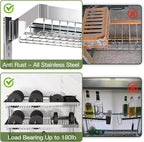 3 Tier Extra Large Stainless Steel Expandable Over The Sink Dish Drainer Drying Rack, Rust Proof Metal, Space Saving, Modern Silver Big Capacity Extendable Plate Strainers Above Kitchen Counter