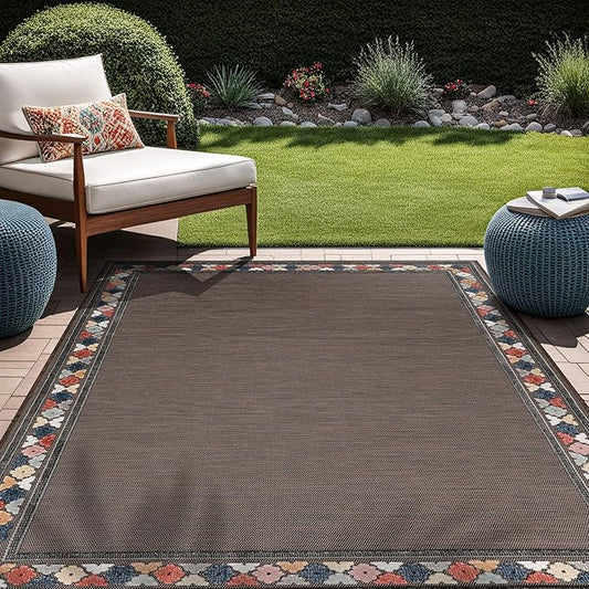 Beverly Rug Outdoor Rug 6x9 Modern Bordered Area Rugs for Indoor and Outdoor Patio Easy to Clean Non Shedding Living Room Porch Garden Washable Outside Carpet (6 x 9 Brown)