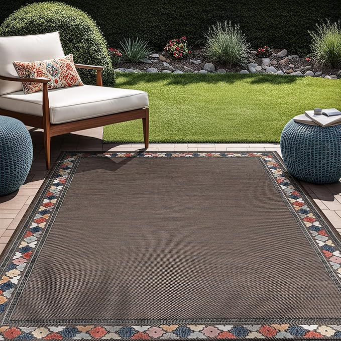 Beverly Rug Outdoor Rug 9x12 Modern Bordered Large Area Rugs for Indoor and Outdoor Patio Easy to Clean Non Shedding Living Room Porch Garden Washable Outside Carpet (9 x 12 Brown)