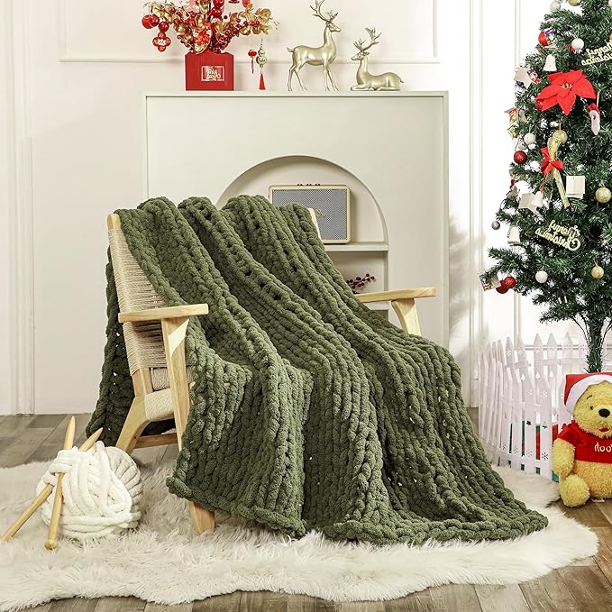WESHIONGOO Chunky Knit Blanket Throw 50"×60" Knitted Throw Blankets for Couch Bed Fluffy Soft Blanket with Jumbo Chenille Yarn Thick 100% Handmade (Olive Green)