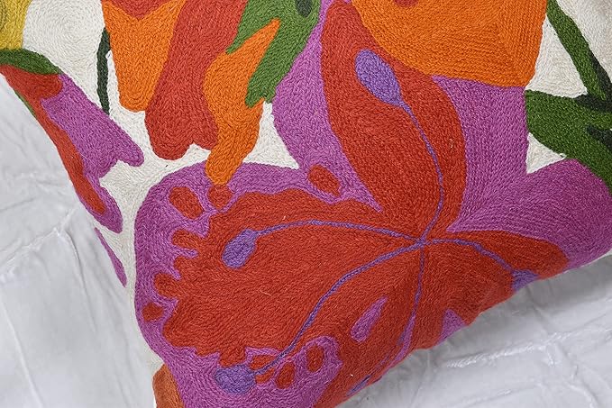 Floral Bloom Pillow Cover | Suzani Accent Pillowcase | Flower Accent Cushions | Hand Embroidered Wool Cushion - 18x18