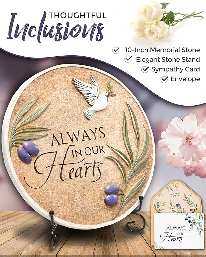 Spiritwind 10-Inch Garden Memorial Stone with Included Plaque Stand & Sympathy Card, Memorial Plaques for Outdoors with Peace Dove Amongst Olive Branches, Memorial Stepping Stone for Loss of Loved One