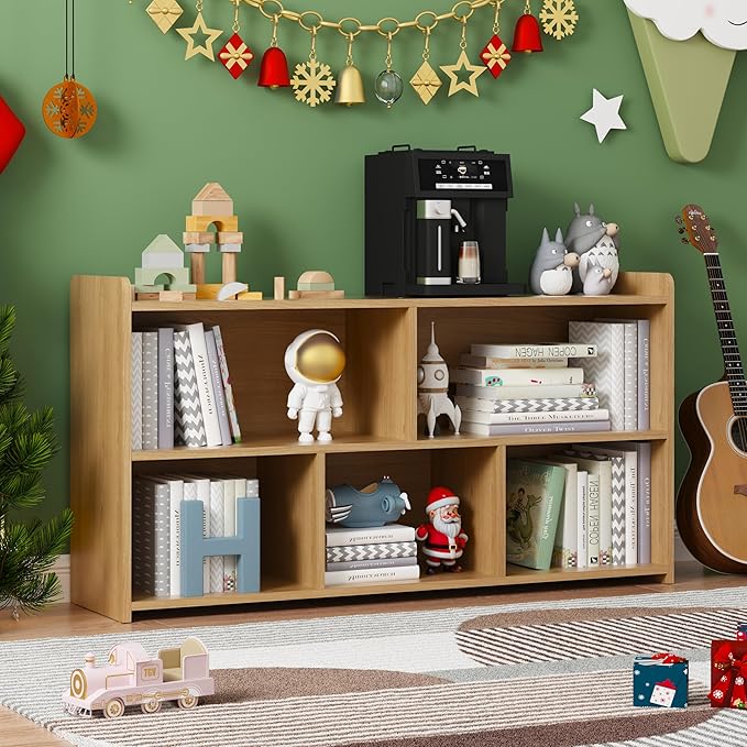 Book Shelf Set of 2, 5 Cubes Storage Organizer, Freestanding Log Bookshelf Cube Shelf for Bedroom, Living Room, Home Office, Open Bookshelf Wooden Bookcase