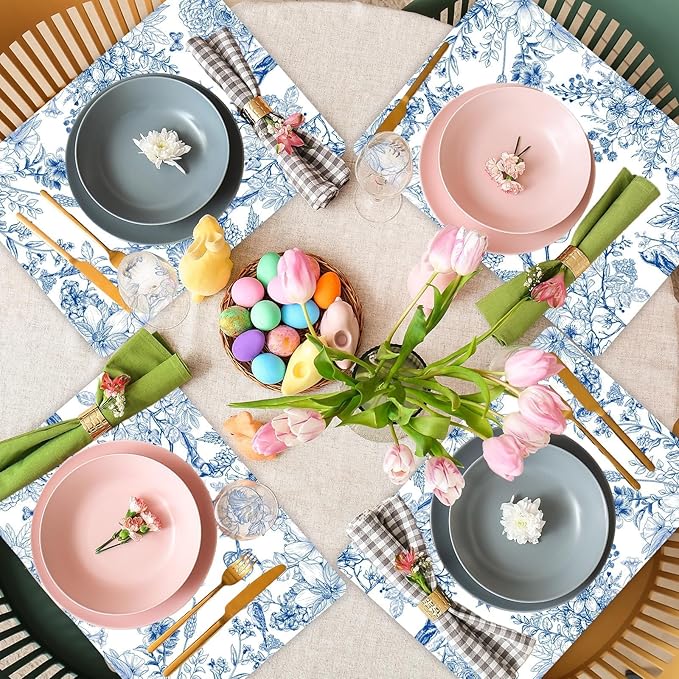 Blue Floral Placemats Set of 6 Flower Bird Plastic Table Mats Seasonal Spring Placemats Chinoiserie Place Mats Rustic Vintage Table Decoration for Indoor Outdoor Party Kitchen Dining