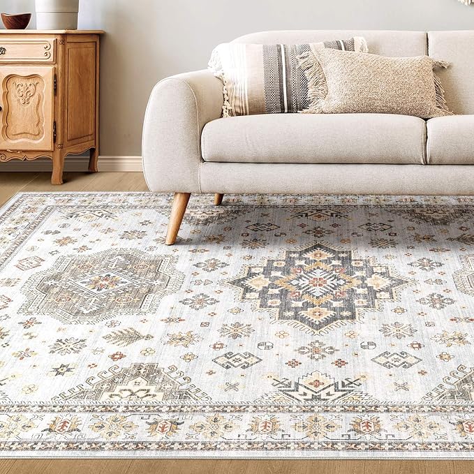 Washable Area Rugs for Living Room - 7x9 Neutral Vintage Distressed Floral Farmhouse Boho Large Soft Floor Rug Indoor Non Slip Carpet for Living Room Bedroom Dining Room Office - Blue Brown