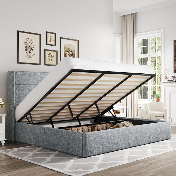 Allewie King Size Lift Up Storage Bed, Modern Wingback Headboard, Hydraulic Support, No Box Spring Needed, Grey Blue