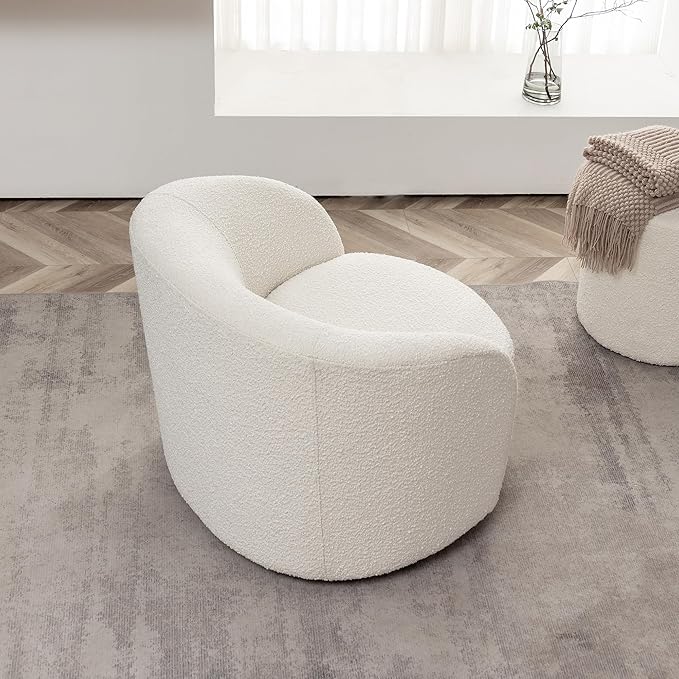 KINWELL 34" W Mid Century Modern Swivel Barrel Chair, Round Upholstered Boucle Swivel Accent Chairs, No Assembly Sofa Chair for Living Room Bedroom Reading Apartment Lounge Nursery(Cream)