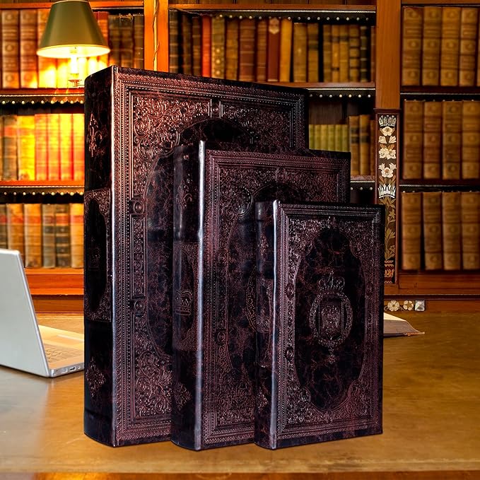 Decorative Book Box Set of 3,Vintage Style Book Shaped Storage Box,Leather Decorative Wooden Trinket Jewelry Books Boxes with Antique Embossed Pattern,Mother's Day/Graduation /Birthday Gift Idea