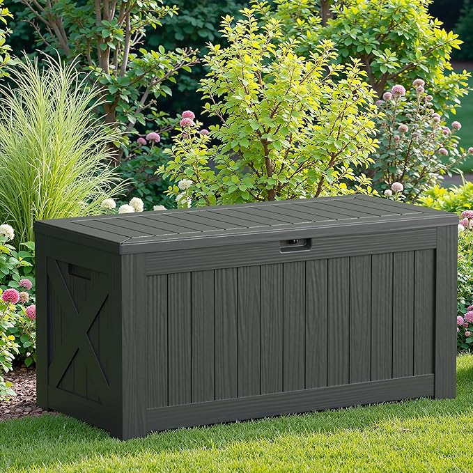 JUMMICO 120 Gallon Resin Deck Box, Large Outdoor Storage Box Waterproof & Lockable for Garden, Patio, Pools (Gray)