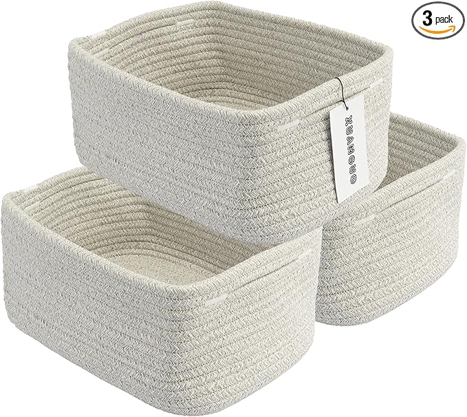 Small Woven Storage Baskets 12“X8”X5“ Decorative Rope Bins for Organizing Shelves, Closets, and Toys, Empty Gift Baskets, Cute Organizer Basket for Home and Office (grey, regular)