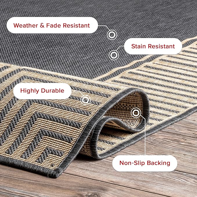 nuLOOM 4' x 6' Outdoor Area Rug, Casual Design With Striped Border, Stain Resistant, Highly Durable, For Patio, Balcony, Bedroom, Living Room, Dining Room, Bathroom, Dark Grey