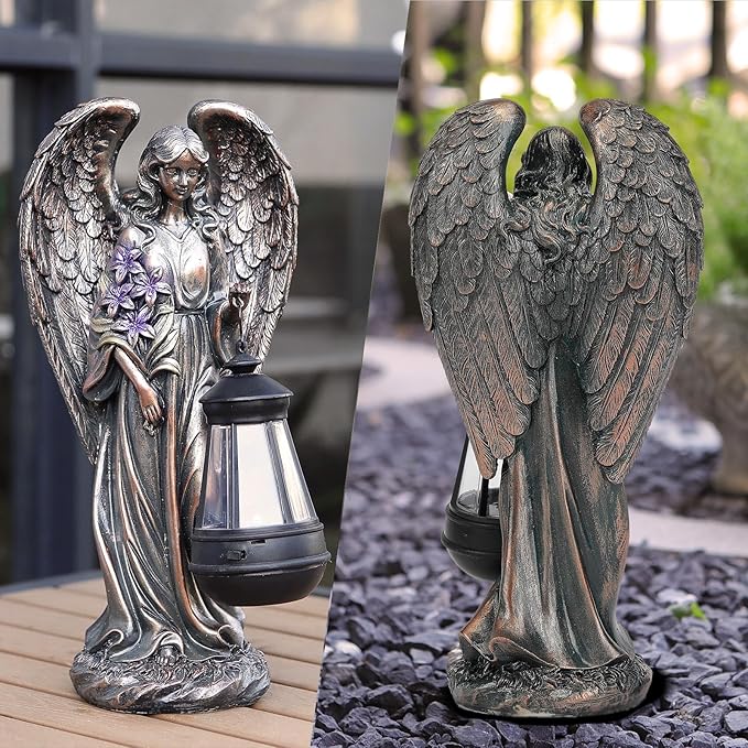 Solar Angel Outdoor Garden Decor Statues – 13.2 inches Solar Outdoor Sculptures for Outside Yard Art Patio Balcony Front Lawn Ornaments Gifts for Mom Grandma Women（Bronze）