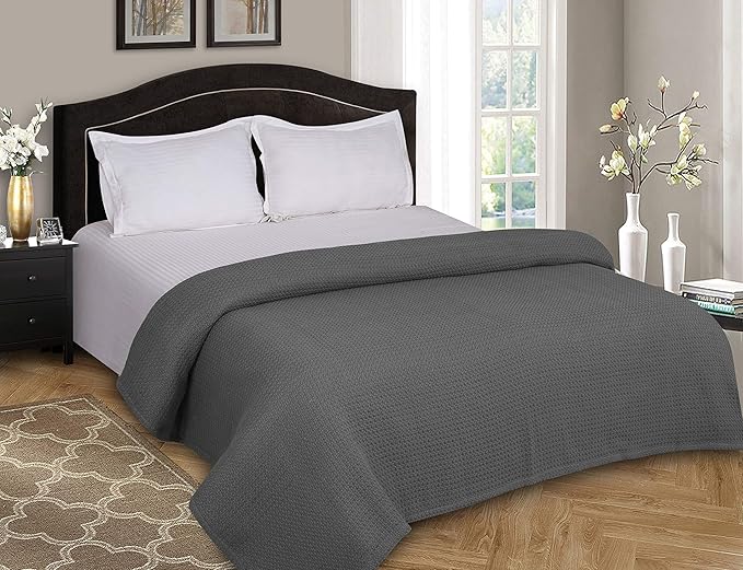 Elvana Home 100% Cotton Bed Blanket, Breathable Bed Blanket Twin Size, Cotton Thermal Blankets Twin, Perfect for Layering Any Bed for All Season, Charcoal Grey