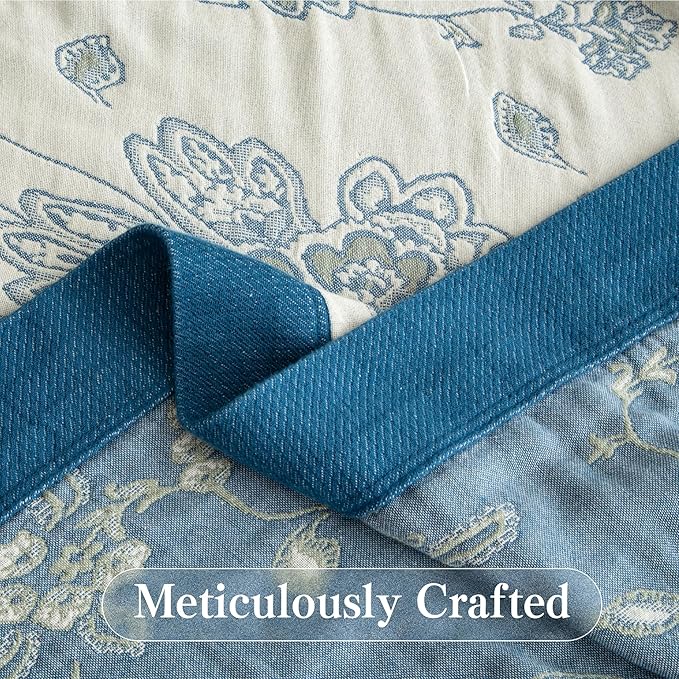 Boho Throw Blanket Twin Size, Soft Cozy Cotton Muslin Quilt Blanket for Bed Decor, Floral Patterned Couch Sofa Chair Cover, Vintage Farmhouse Cottage Tapestry Woven Blanket, Blue and White