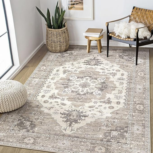 Washable Area Rugs for Living Room - 5x7 Neutral Vintage Distressed Floral Farmhouse Boho Large Soft Floor Rug Indoor Non Slip Carpet for Living Room Bedroom Dining Room Office -Brown/Beige